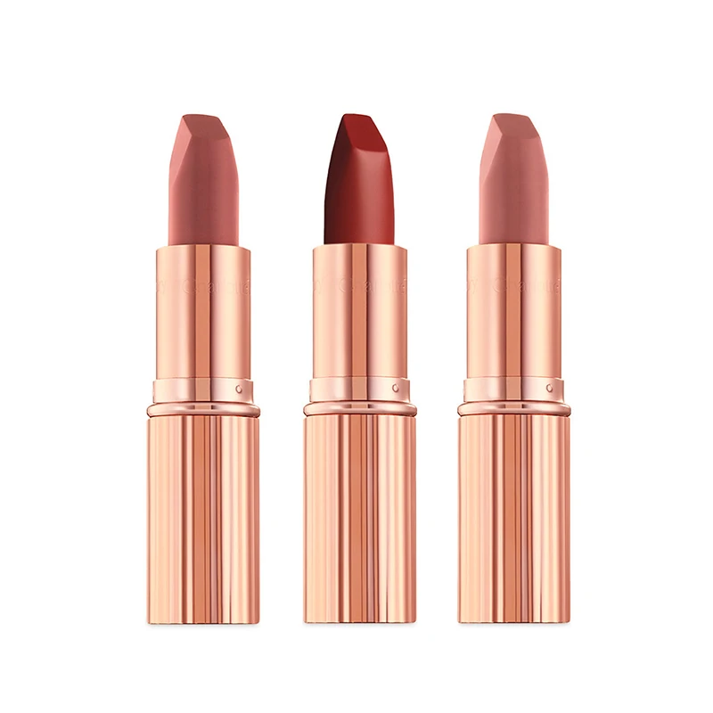 مجموعه رژ لب جامد شارلوت تیلبری مدل iconic mini lip trio با ویتامین E، وگان، شامل رنگ‌های سوپر مدل، پیلو تالک و واک آو نو شیم بسته 3 عددی هر کدام حجم 1.5 گرم