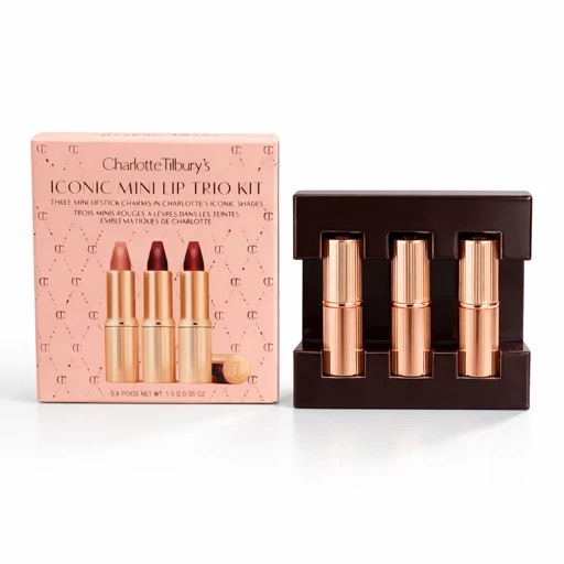مجموعه رژ لب جامد شارلوت تیلبری مدل iconic mini lip trio با ویتامین E، وگان، شامل رنگهای سوپر مدل، پیلو تالک و واک آو نو شیم بسته 3 عددی هر کدام حجم 1.5 گرم
